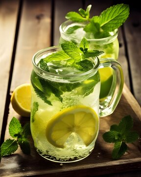 Homemade lemonade in a jar with lemon, mint, ice and lime wooden table. closeup