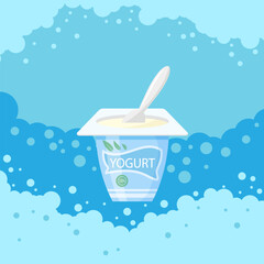 Vector fresh yogurt container and plastic spoon isolated on blue bubble background.