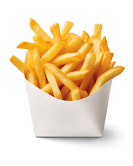 French fries in a white paper wrapper isolated on a white and transparent background, png