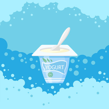 Vector fresh yogurt container and plastic spoon isolated on blue bubble background.