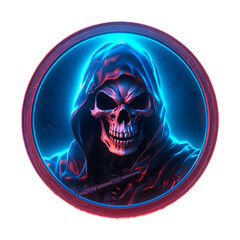 Grim Reaper scull, death, metal and neon game emblem, cyberpunk style game badges on transparent background. Made with Generative AI