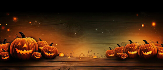 generative ai illustration of a halloween background with copy space, halloween pumpkins on wooden background