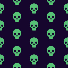 Obraz premium Seamless pattern on black background with neon green skulls. Can be used for Halloween cards, textile, print. Isolated vector.