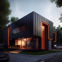 Modern Workplace of Tomorrow Futuristic Office Exterior with Black Corrugated Metal Walls, Expansive Windows and Vibrant Orange Accents generative ai