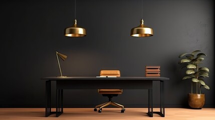 Office desk with Dark color wall and empty table mock-up generative ai