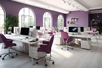 Fototapeta na wymiar offices and coworking space collaboration white purple and grey colors generative ai