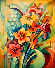 Colorful tropical flowers, art deco style painting , exotic plants and leaves