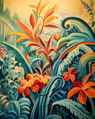Colorful tropical flowers, art deco style painting , exotic plants and leaves