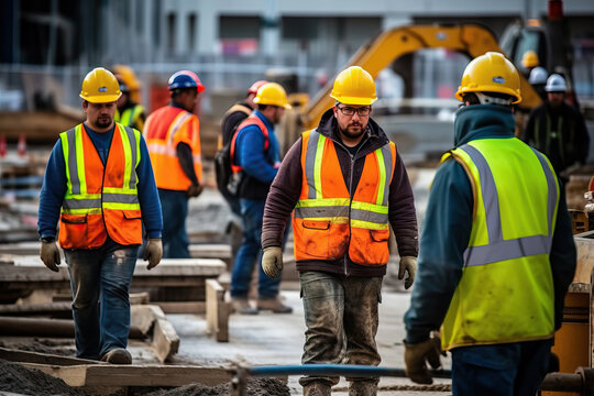 A Group Of Construction Workers Walking Around A Construction Site Created With Generative AI Technology