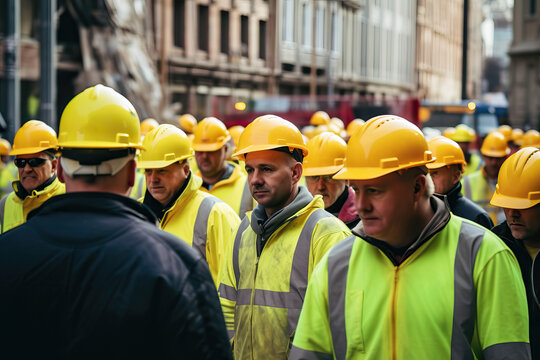 A group of men in yellow hard hats created with Generative AI technology