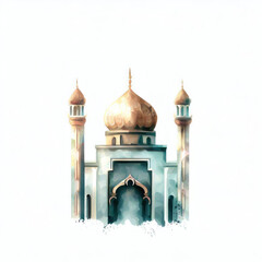 Watercolor Illustration of a Mosque at Sunset, Generative AI