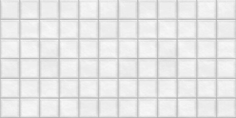 Seamless smooth white modern glossy ceramic square tiles background texture transparent overlay. Kitchen or bathroom wall, floor or countertop. Luxury porcelain interior repeat pattern 3D Rendering. - obrazy, fototapety, plakaty