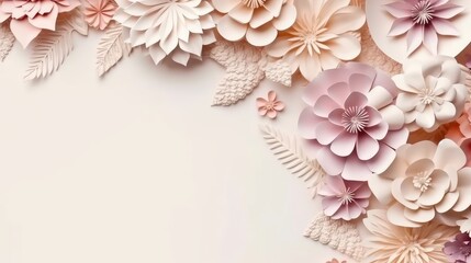 Flowers made of paper on color background with copy space. Generative AI