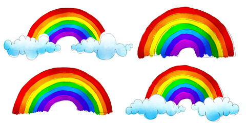 Colorful rainbow and clouds hand drawn watercolor crayon children's drawings isolated on transparent background. Playful nursery clipart, LGBTQ pride or diversity concept design elements collection