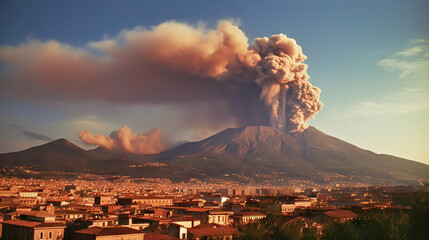 Volcanic eruption on the background of the city of Naples, Italy. Generative AI. - obrazy, fototapety, plakaty