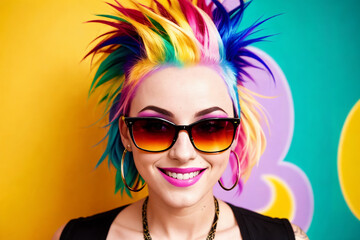 Portrait of an young woman with colorful mohawk hair and sunglasses on abstract painted background, summer vibrancy. Generative AI.
