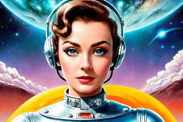 Fototapeta na wymiar Portrait of a beautiful woman in a polished aluminum suit as an astronaut, space explorer in the retro futurism style of the 50s. Generative AI.