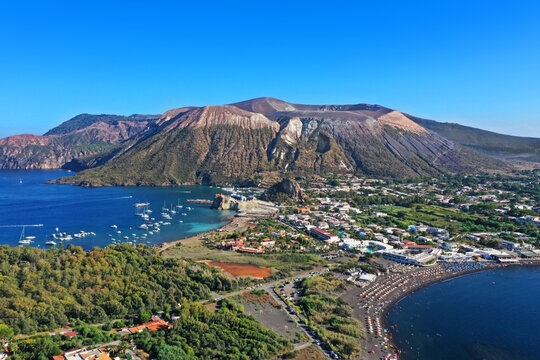 Drone view of Vulcano Island near Sicily, Lipari, Aeolian Islands, Italy.