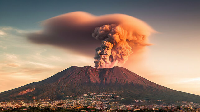 Volcanic eruption at sunset, active volcano in Sicily, Italy. Generative AI.