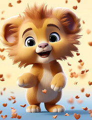 Adorable Baby Lion, 3D, Love, Hearts, Cartoon, Cute, Animal, Wild Life, Nursery, Children, Wall Art. Generative AI 
