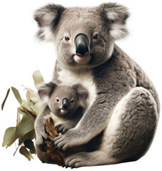 Fototapeta premium Cute australian koala bear mother with baby isolated on a white background, generative AI animal