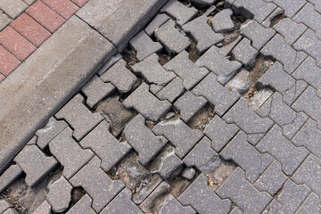 damaged and broken concrete tile road, close-up