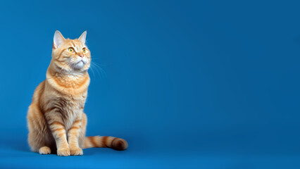 Orange American Bobtail cat post on blue background with copyspace (Generative AI)