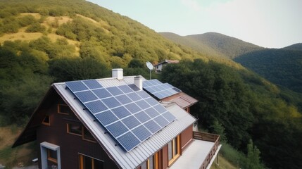 Obraz premium eco-friendly house with solar panels on the roof surrounded by green nature. Generative AI
