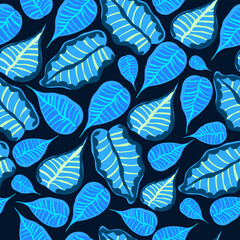 Tropical leaves in blue color seamless vector repeat pattern. 