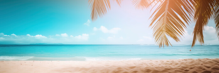 a palm tree, sand and sun on a sunny beach. AI Generated.