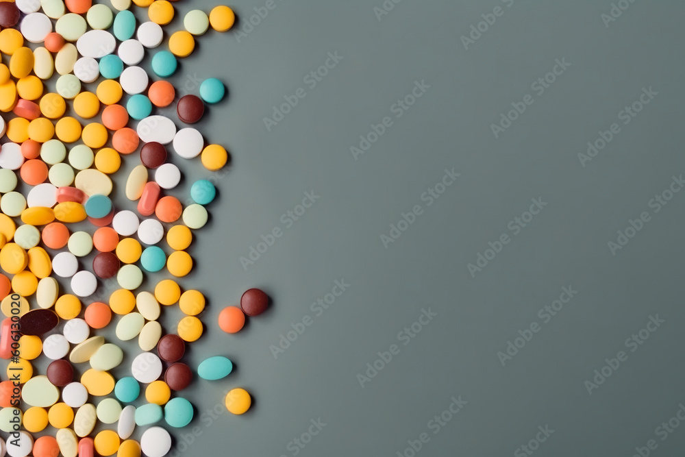 Poster a pile of colorful pills sitting on top of a table. ai generative image . a lot of copy space.