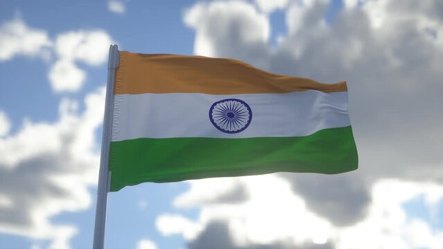 Realistic flag of India waving in the wind against deep blue sky