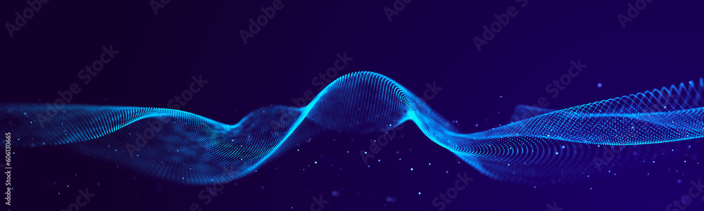 Poster futuristic wave of dots with moving particles. abstract technology background. 3d visualization of b