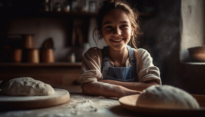 Fototapeta na wymiar Cute girl learning baking skills in kitchen generated by AI