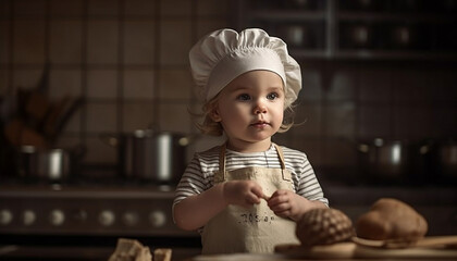 Cute chef toddler kneading dough with joy generated by AI