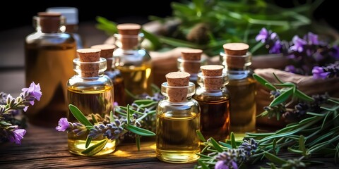 Herb oil bottles of homeopathy herbs. Generative AI. - obrazy, fototapety, plakaty