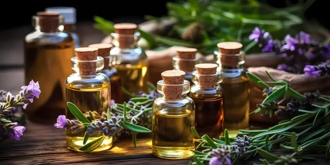 Deurstickers Herb oil bottles of homeopathy herbs. Generative AI. © ckybe