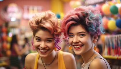 Obraz na płótnie Canvas Two young adult females enjoying nightlife together generated by AI