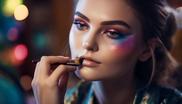 Beautiful young woman with colorful stage make up generated by AI