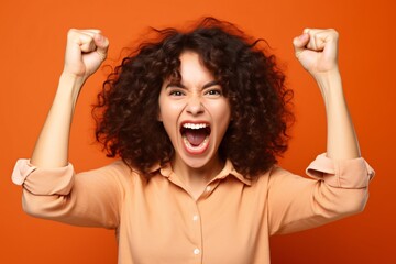 Photo of ecstatic lady shout loud yeah fist up raise win lottery isolated bright shine color background. Generative ai.