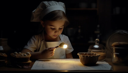Cute girl baking homemade muffins with chocolate generated by AI