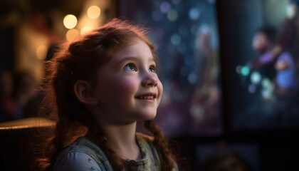 Fototapeta premium Smiling child enjoying Christmas lights indoors at night generated by AI