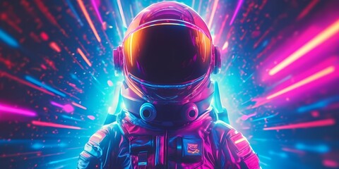 Psychedelic Retro Wave Astronaut in Neon Tubes Light. Pink Blue Violet Trendy Colors. Front View of a Space Suit. Generative Ai. - obrazy, fototapety, plakaty