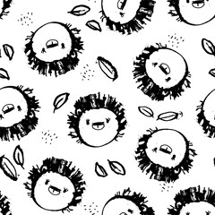 Cute vector pattern with hedgehog and leaf. Pattern in grunge style. seamless background for nursery decor, fabrics, children's textiles, wrapping paper.