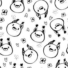 Cute vector pattern with squirrel, flowers and hearts. Pattern in grunge style. seamless background for nursery decor, fabrics, children's textiles, wrapping paper.