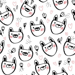 Cute vector pattern with rabbit and flower. Pattern in grunge style. seamless background for nursery decor, fabrics, children's textiles, wrapping paper.