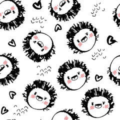 Cute vector pattern with hedgehog and heart. Pattern in grunge style. seamless background for nursery decor, fabrics, children's textiles, wrapping paper.