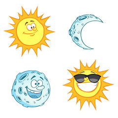 cartoon funny character Smile sun moon sunglasses cartoon funny character smile sun moon sunglasses time of day night set symbol collection Illustration isolate transparent png