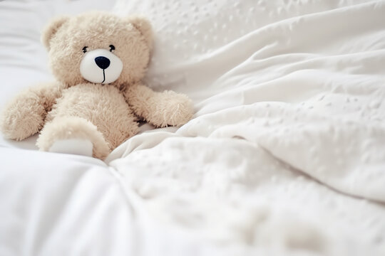 Cute little teddy bear lying sleeping alone on white bed in morning, copyspace for text generative ai.
