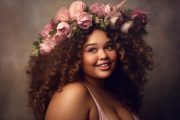 Naklejka premium Happy beautiful young plus size model portrait with a hairstyle of flowers on studio background, fat girl with a chubby face and makeup, AI Generated
